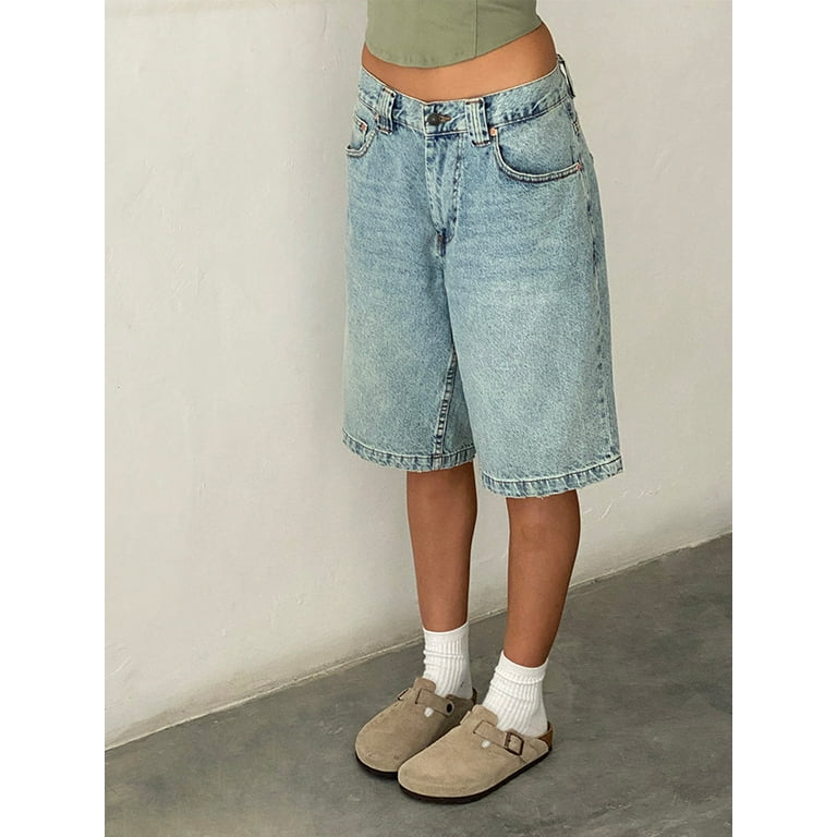YiLvUst Y2k Women Denim Bermuda Shorts Vintage Mid Rise Knee YiLvUst Y2k Women Denim Bermuda Shorts Vintage Mid Rise Knee