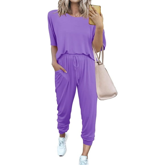 (Light PurpleXX-Large)Short à Manches Courtes pour Femmes avec Cordon de Serrage Pantalon Long Survêtement Jogger Set