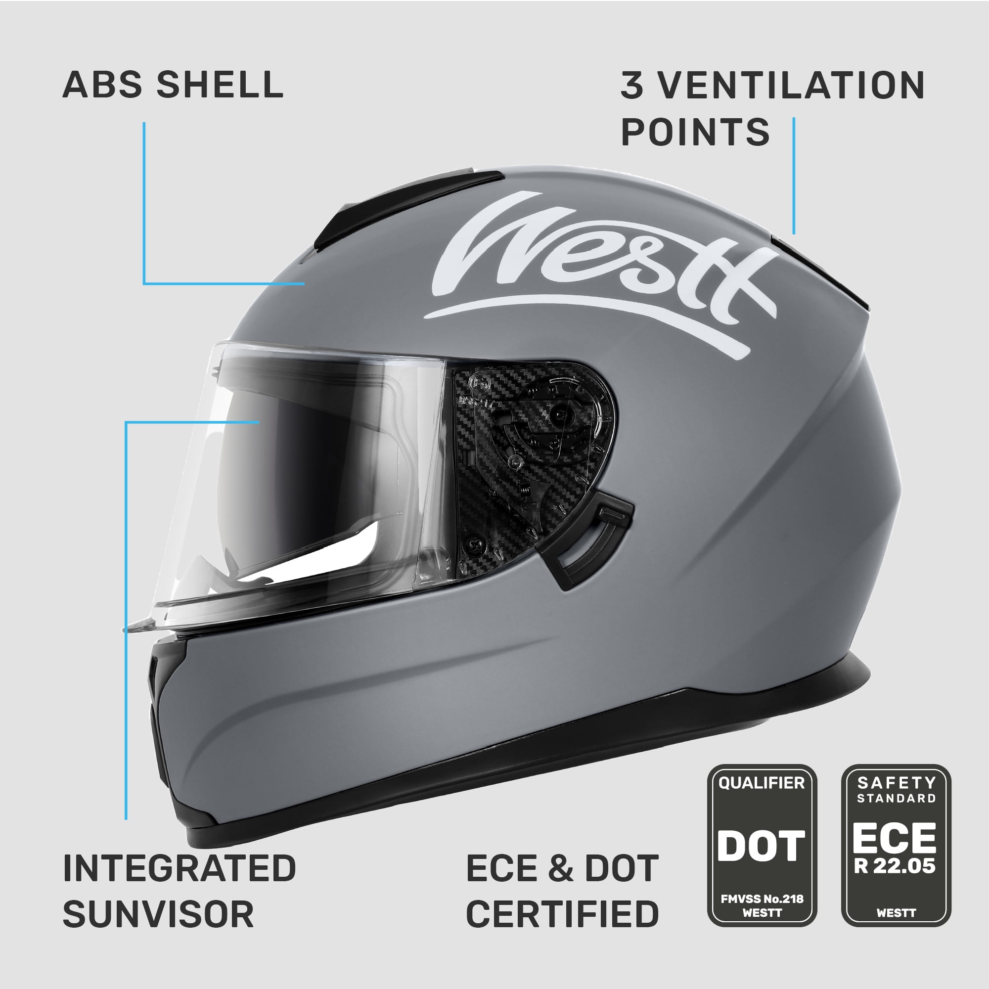 Westt Full Face Helmet - Motorcyle Helmet with Dual Visor DOT Approved - Grey S