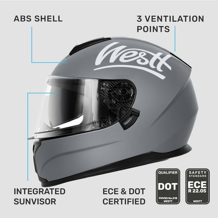 Westt Full Face Helmet - Motorcyle Helmet with Dual Visor DOT Approved - Grey S