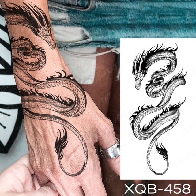 Impermeable Temporal Tatuaje Pegatina Dragón Negro Serpiente Peonía Rosa Totem Flash Tatto Mujeres Hombres Oscuro Sexy Cintura Brazo Tatuajes Falsos Gao Jiahui unisex