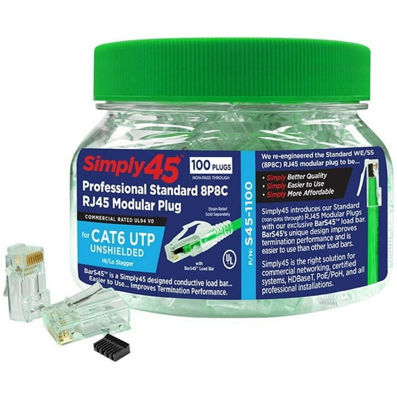 Simply45 Cat6 RJ45 Crimp Connectors, Solid/Stranded 23AWG, Green Tint, Hi/Lo Stagger, Bar45™, Jar 100 pieces