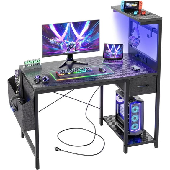 Gaming Desk 40 inch with Power Outlet and LED Light, Computer Desk with Reversible Shelves and Storage Drawer, Small PC Desk for Home Office Table with Bag, Carbon Fiber Black