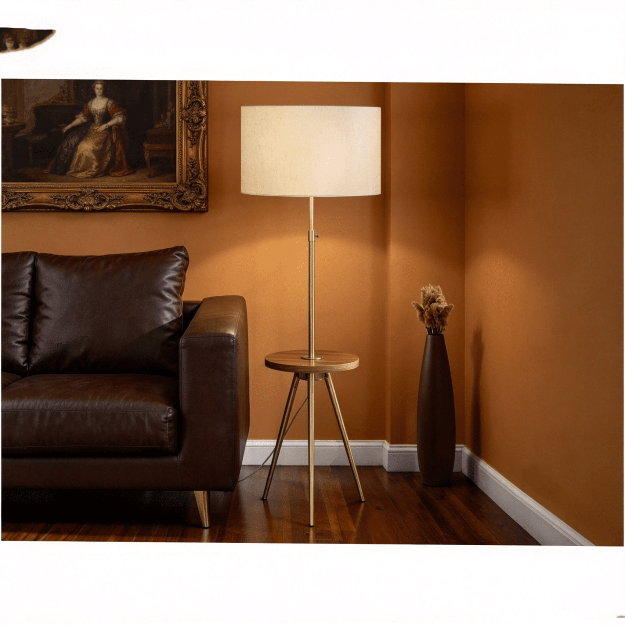 JERFIT Modern Tripod Floor Lamp with Side Table, Adjustable Reading Light for Living Room, Bedroom, Office, Gold Metal, Ivory Drum Shade