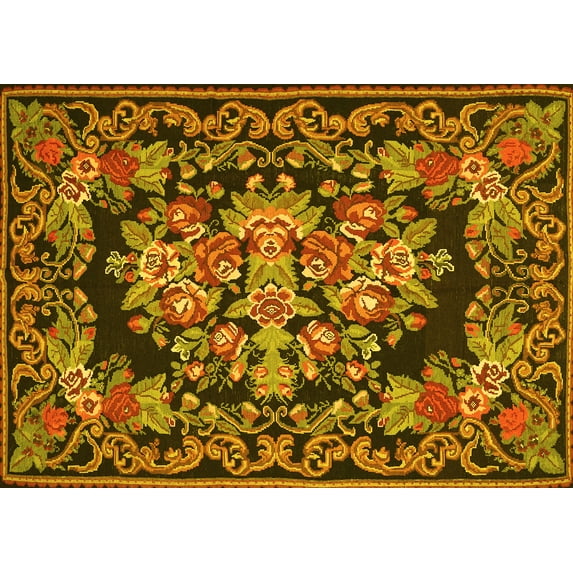 Ahgly Company Machine Washable Indoor Rectangle Medallion Yellow French Area Rugs, 7' x 9'