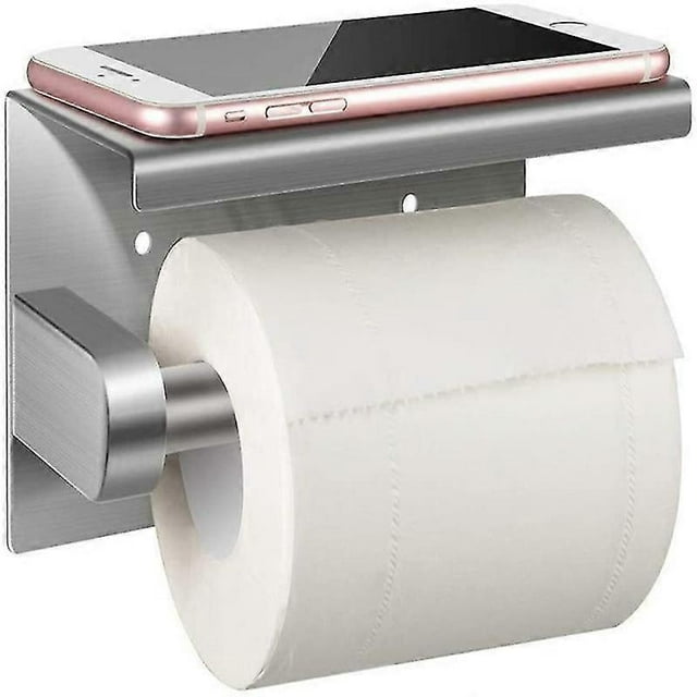 Toilet Paper Holder, Wall Mounted Without Drilling 304 Stainless Steel Toilet Paper Holder with Shelf-Silver