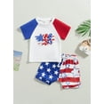 thumbnail image 2 of Bagilaanoe 4th of July Clothes for Toddler Baby Boys Short Sleeve Letter Print T Shirt Tops + Stars Stripes Shorts 6M 12M 18M 24M 3T Kids Independence Day Outfits 2pcs Short Pants Set, 2 of 9