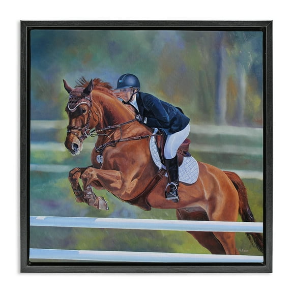 Stupell Industries Jockey Jumping Hurdles Sports Painting Black Floater Framed Canvas Art Print Wall Art, 18 x 18