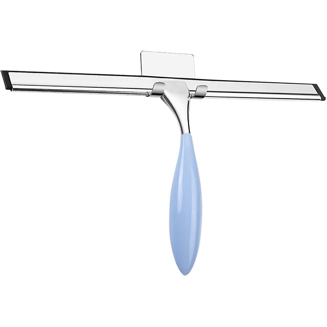 Escobilla de goma para ducha, escobilla de goma para ventanas de acero inoxidable con hoja antideslizante de 12 pulgadas, mango azul más largo de 6.4 pulgadas para puertas de ducha, dormitor