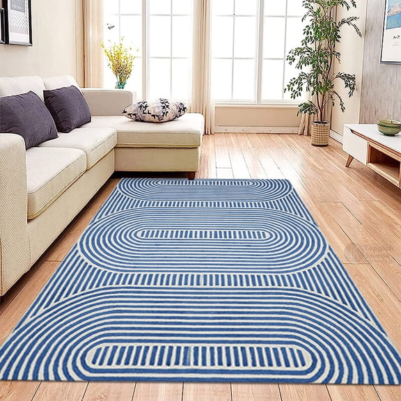 Blue Hand Tufted Rug 5x7, for Living Room, Hallway, Tufted Rugs, Geometric Carpet