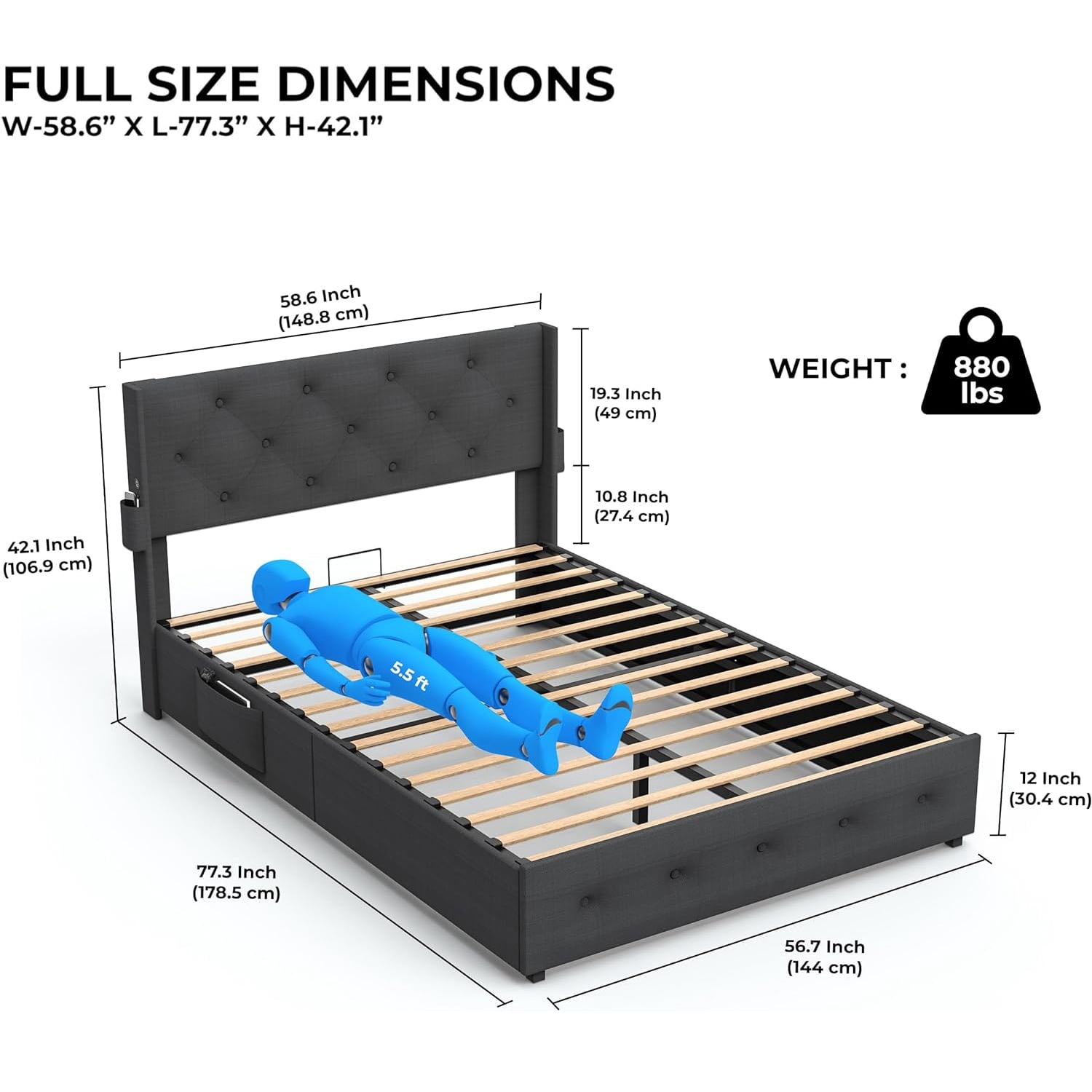 Miniyam Full Size Lift Up Bed with Wingback Headboard, USB Ports, Dark Gray