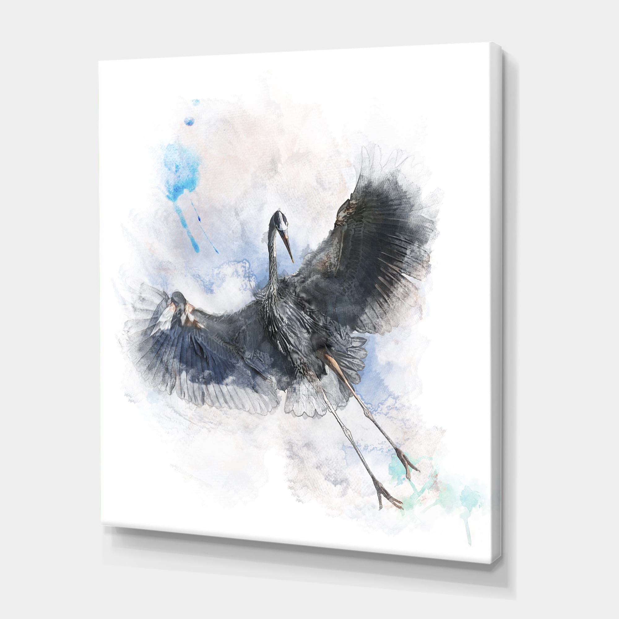 Designart ' Great Dark Blue Heron Bird Illustration ' Farmhouse Canvas Wall Art Print
