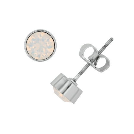 - X & O Rhodium Plated 5 mm Bezel Set Flat Back Stud Earrings with White Opal Swarovski Crystals
