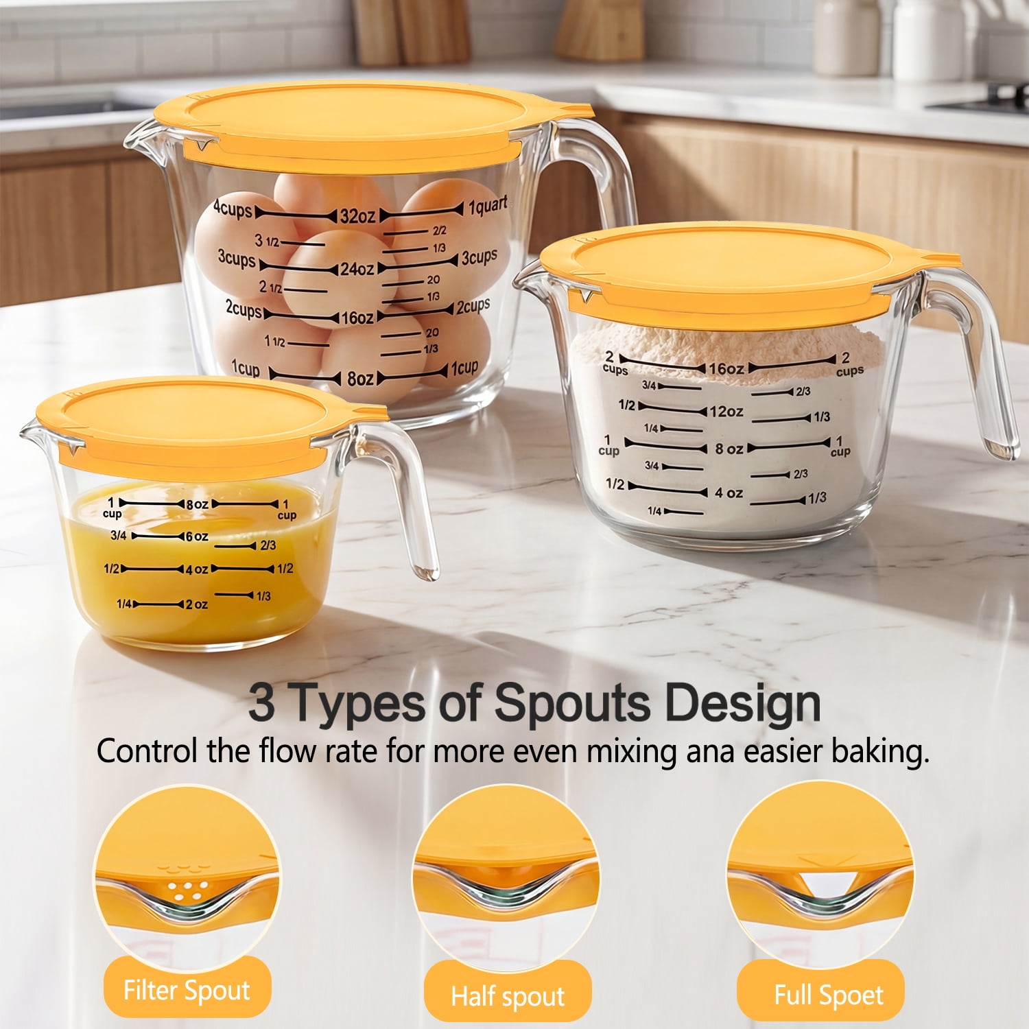 TAIMASI 9 Pcs Glass Measuring Cups Set with Lids, 4-Cup, 2-Cup, 1-Cup, 5 oz Liquid Measuring Cups & 5 Measuring Spoons | Microwave, Freezer & Dishwasher Safe，Yellow