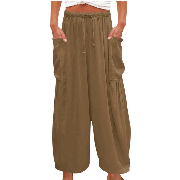 Usmixi Womens Loose Wide Leg Trousers Casual Solid Cotton Linen Elastic Waist Long Pants Comfy Lightweight Drawstring Pants with Pocket Gold XXL
