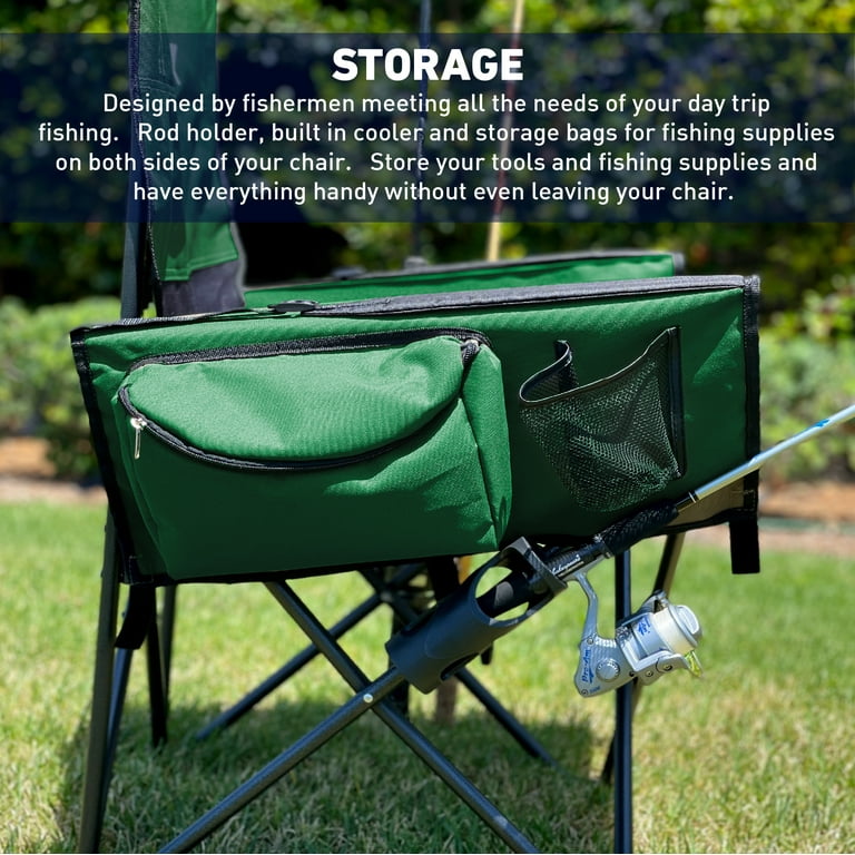 Fishing Chair with Rod Holder Built in Cooler Hands Free Fishing Pole Holder-storage Pouch Storage Bag for Accessories Full Size Portable & Folding