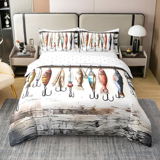 Erosebridal Housse de Couette Pêche et Chasse 100 % Coton Full, Literie de Ferme Full Size, Décor de Cabane Rétro, Réversible 3 Pcs (Sans Couette)