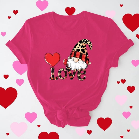 Guzom Valentine's DayWomens Hot Pink Gnome Love Graphic Tee, Crewneck Short Sleeve Stretchy Relaxed Fit with Twisted Hem, Plus Size S-XXXL,Size L