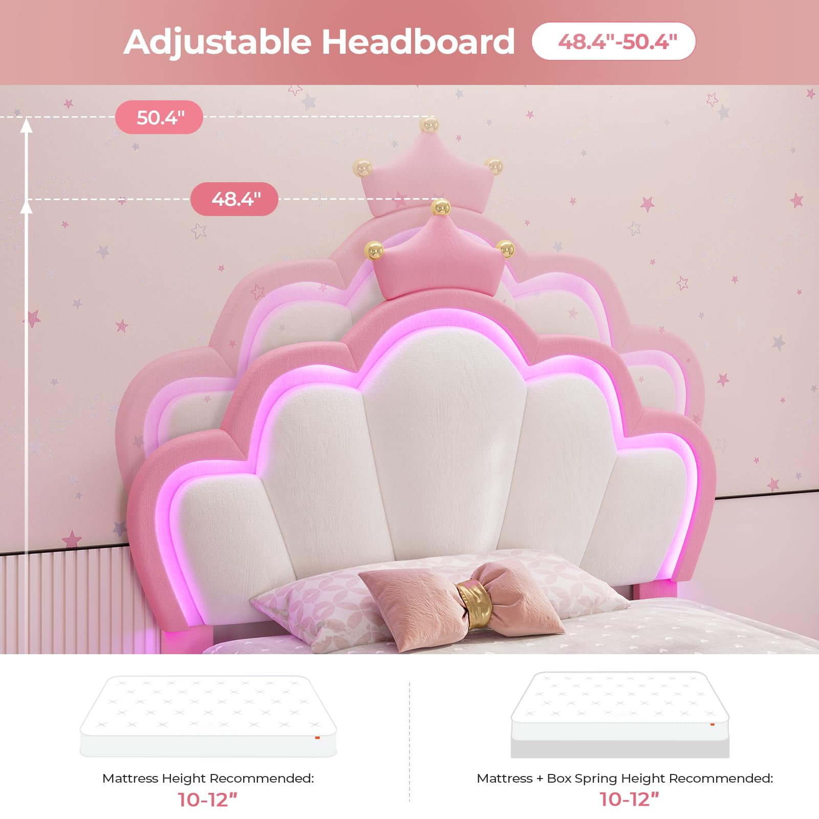 Twin Bed Frame with 4 Drawers, LED Lights Headboard,Twin Girl Bed Princess Velvet Upholstered Platform Bed,Heavy Steel Slats Support, Pink