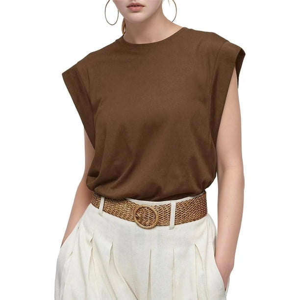 Camiseta Sin Mangas Informal de Verano para Mujer, Color Café, Talla L