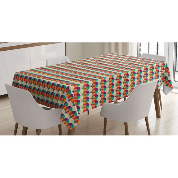 Geometric Tablecloth, Retro Style Circles and Squares Colorful Illustration Ornamental Sixties Motifs, Rectangle Satin Table Cover for Dining Room and Kitchen, 60" X 90", Multicolor, by Ambesonne