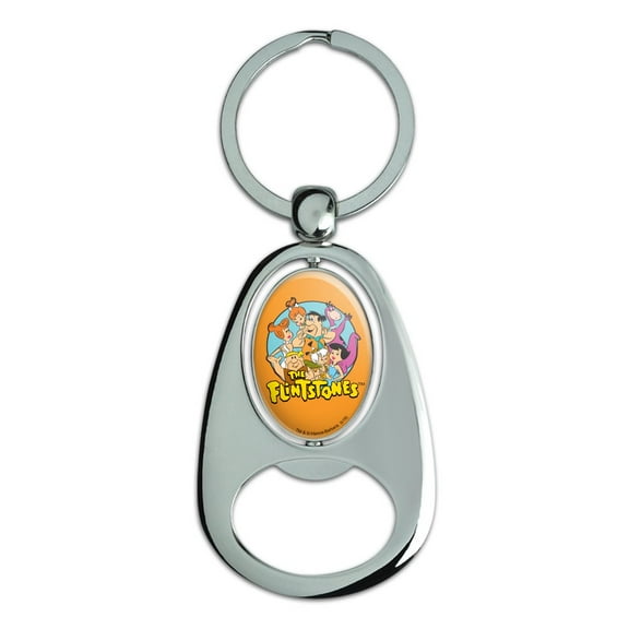 The Flintstones Group Keychain Chrome Metal Spinning Oval Bottle Opener