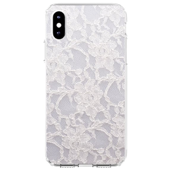 DistinctInk Clear Shockproof Hybrid Case for iPhone XS Max (6.5" Screen) - TPU Bumper, Acrylic Back, Tempered Glass Screen Protector - White Lace Wedding