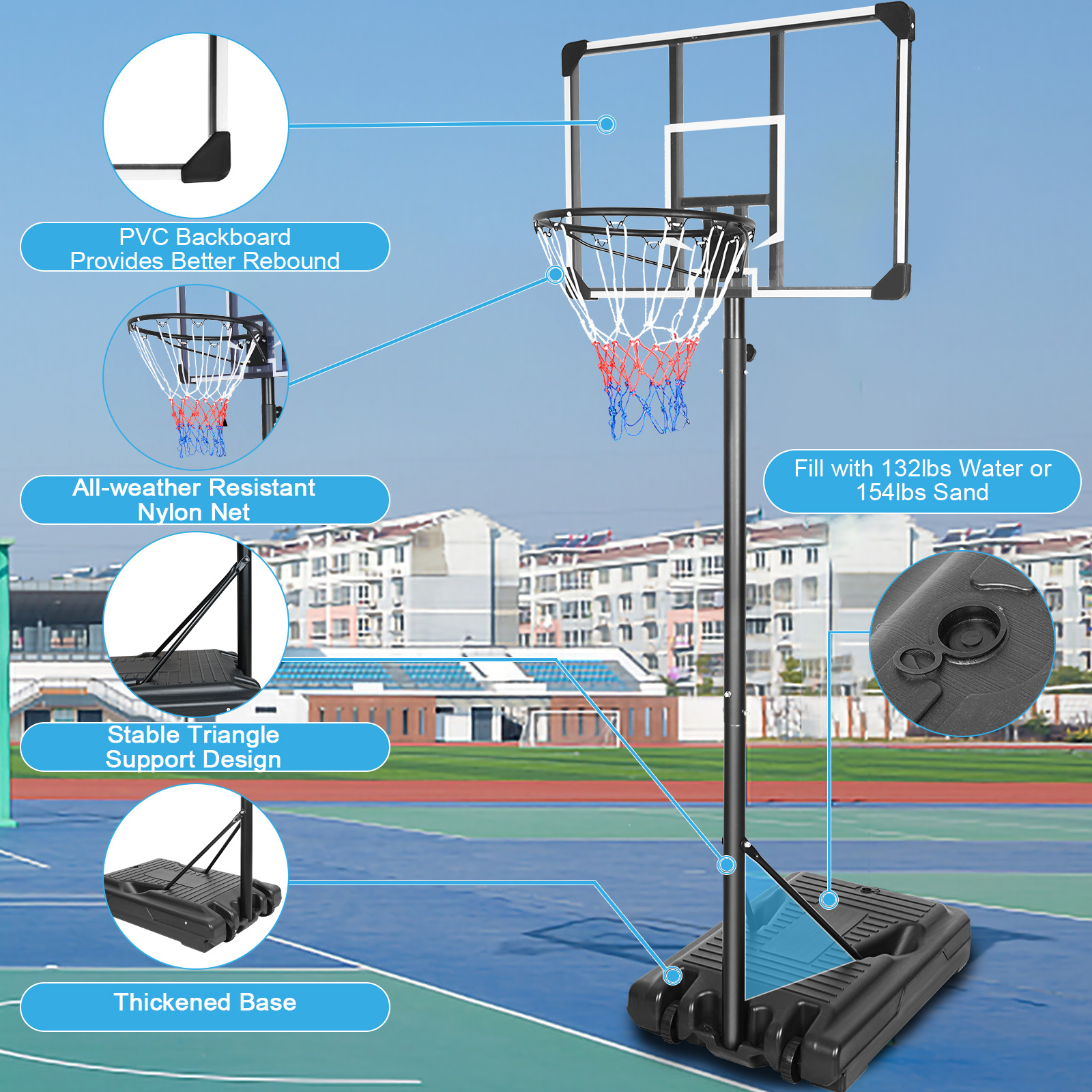 iRerts Portable Basketball Hoop for Teens Kids, Height Adjusted 6.2-8.5ft Indoor Basketball Goal System, Basketball Hoop Outdoor with Wheels and Backboard for Playground Backyard, Black - image 4 of 8