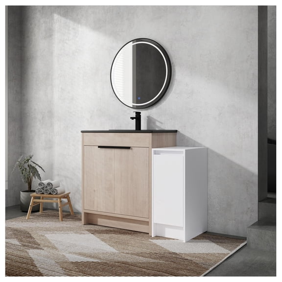 42" Freestanding Bathroom Vanity with Black Sink & Storage Cabinet, Soft-Close Door, Glossy White & Oak Plywood Combination, KD-Package