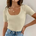 thumbnail image 5 of Penkiiy Women's Short Sleeve Square Neck Ribbed Knit Pullover Slim Fit Basic T Shirt Tops 2XL Beige, 5 of 8