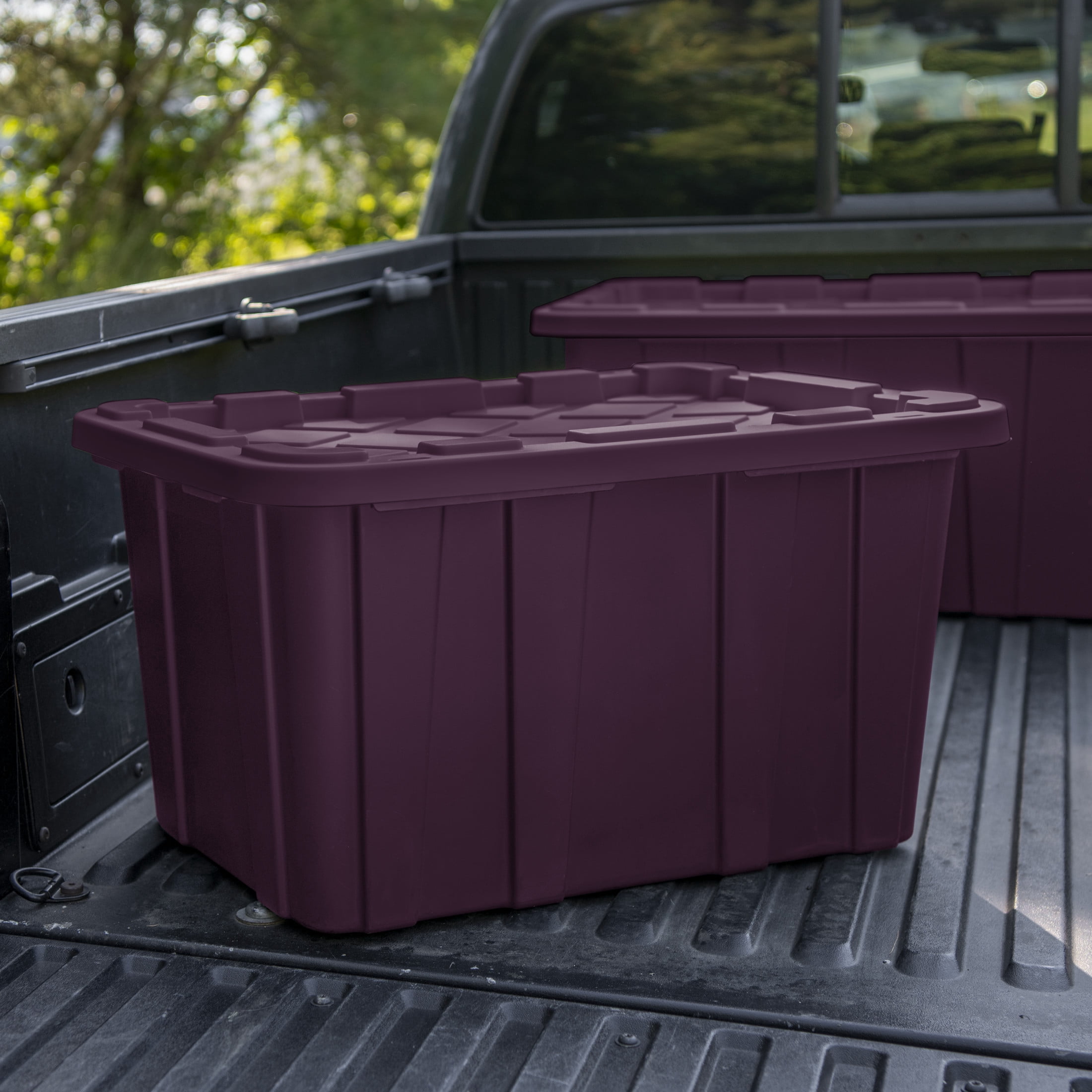 Sterilite Large Industrial Tote, 27 Gallon Durable Plastic Storage Bin with Snap-On Lid, Ideal for Fall and Halloween Costumes, Décor, and More, Plum