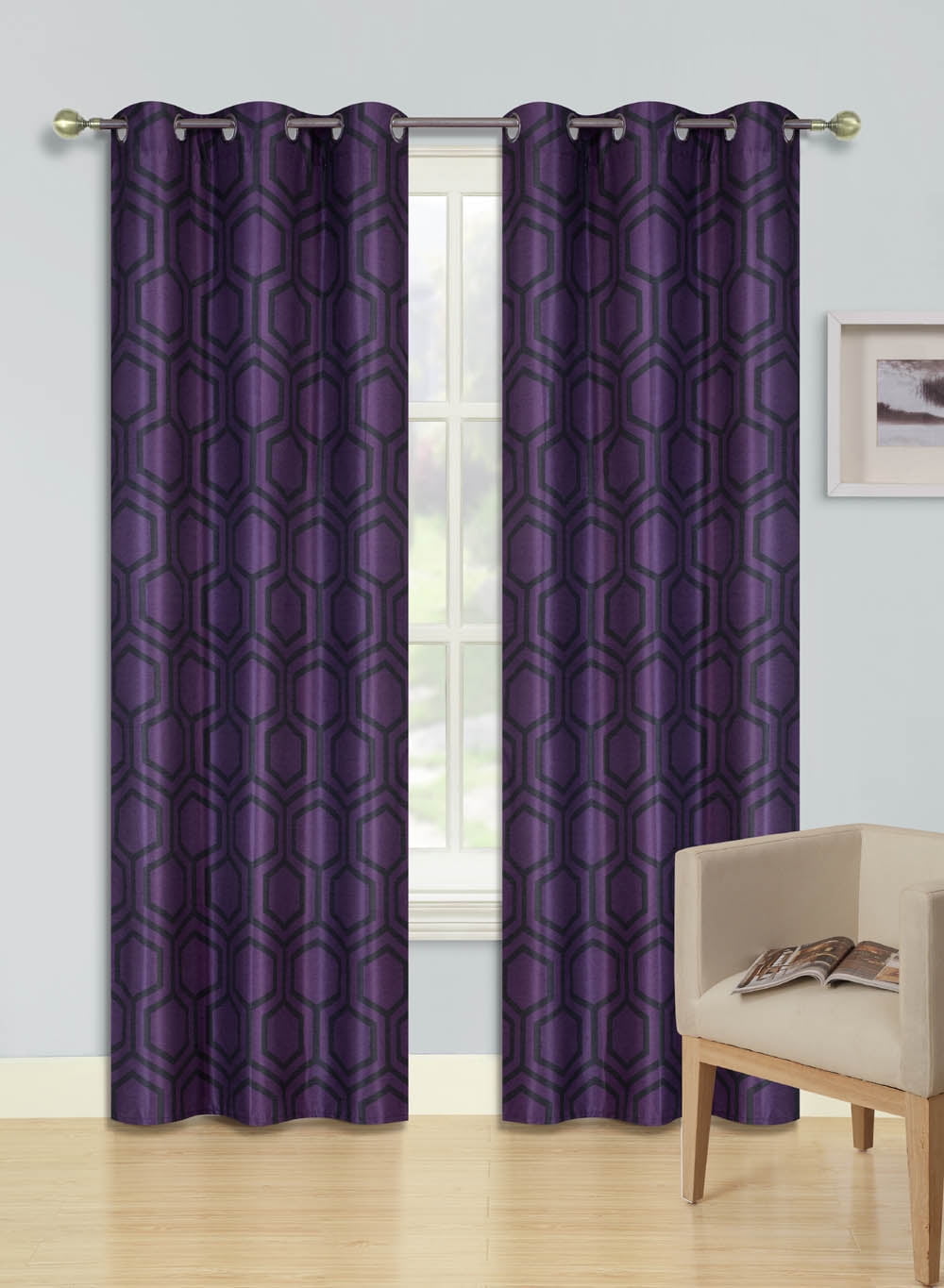 NEW 2 PRINTED SILVER GROMMET PANELS LINED BLACKOUT WINDOW CURTAIN ALMA BLACK 