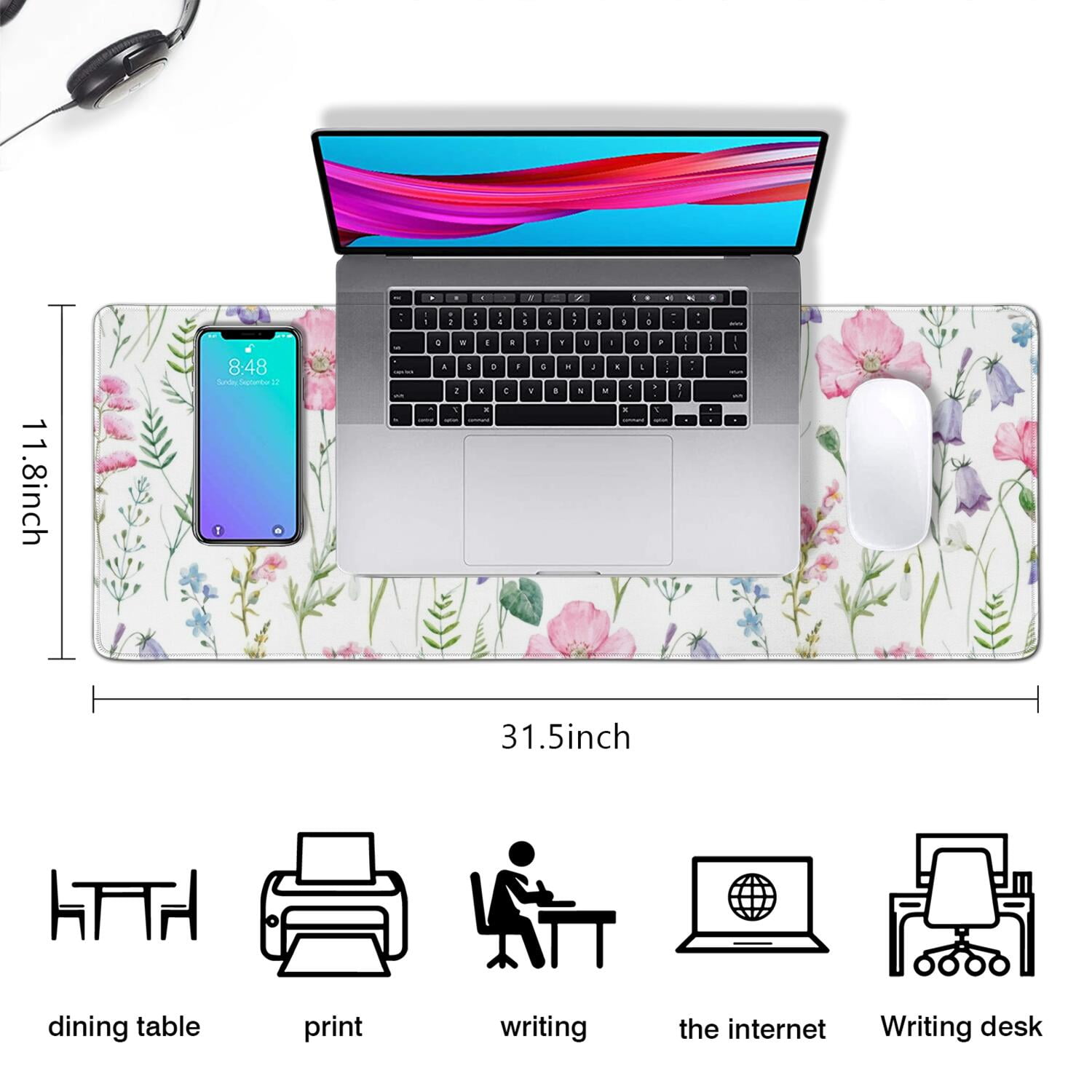 Long Mouse Pads for Desk,Pioneer Flower Floral Print Pattern Desk Mats on Top Of Desks, Desk Mouse Pad Extra Large with 3mm Non-Slip Base and Stitched Edge for Gaming,Office,Work,Home 31.5"x11.8"