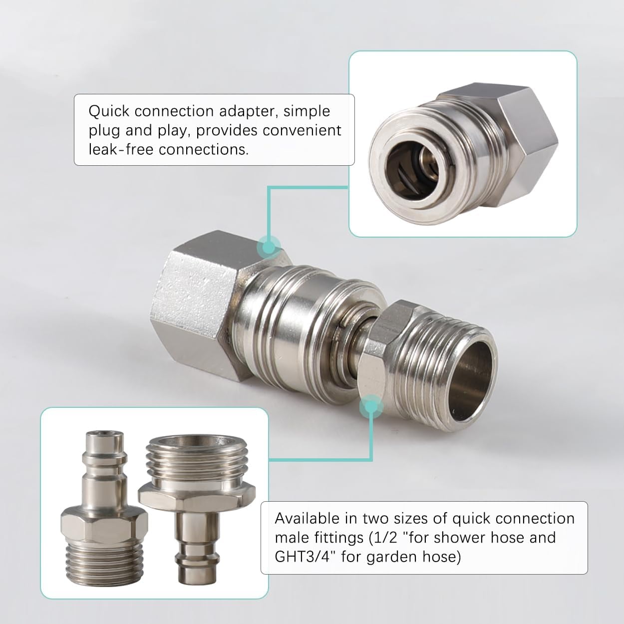 G-Sunny RV Exterior Quick Connector Hose Fitting,with 1/2 "Shower Hose Adapter and 3/4" Garden Hose Adapter,for RV Exterior Shower Faucet Connect Shower Hose and Garden Hose(Brushed Nickel)