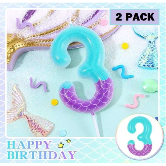 2 PACK! Mermaid Number 3 Birthday Candles, Sea Ocean Themed Cake Topper Cupcake Party Decorations, 2pcs