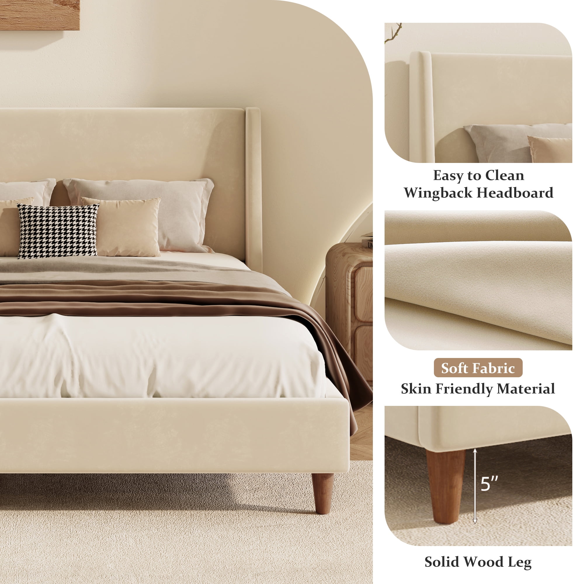 Euroco Upholstered King Size Platform Bed, Velvet Bed with Wingback Headboard, Beige