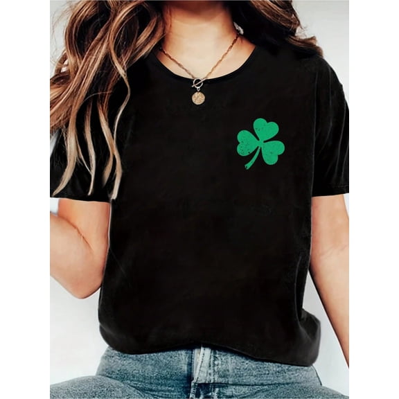 100% Cotton Funny Four Leaf Clover Irish Shamrock St.Patricks Day Green Print Women's Gift T-Shirt, Round Crew Neck Soft Short Sleeve T-Shirt For Spring Summer, Fun Graphic Tops T-Shirts For Women