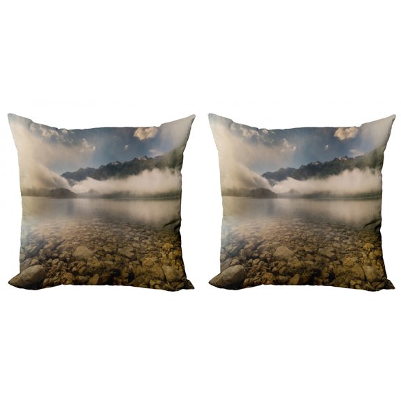 Ambesonne Nature Throw Pillow Cover 2 Pack, Reflections on Lake, 24", Grey and White