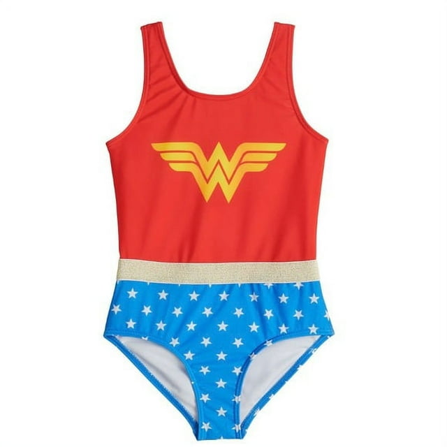 DC Comics Wonder Woman One-Piece Swimsuit Super Hero RED UPF 50+, Girl's, Size: 5-6, Multicolor