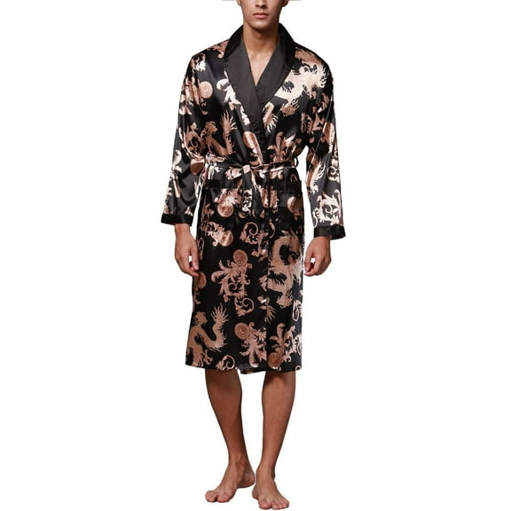 SWSMCLT Men's Long Sleeve Robe Summer Long Luxury Comfy V Neck Thin Printed Cool Knee Length Satin Bathrobe Soft Black Large