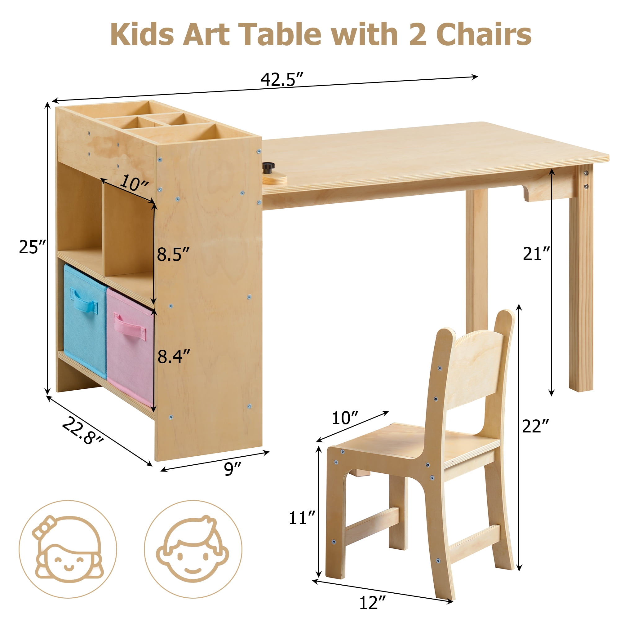 Kids Art Table and 2 Chairs Set, Solid Pine Wood Toddler Activity Craft Desk with Storage for Drawing, Writing, Reading, Ideal for Nursery, Playrooms & Classroom