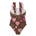 thumbnail image 2 of Girls Ruffled One Piece Swimsuit Summer Beach Vacation Swimwear Tank Swimsuit Pink and Brown Hearts Pattern, 2 of 8