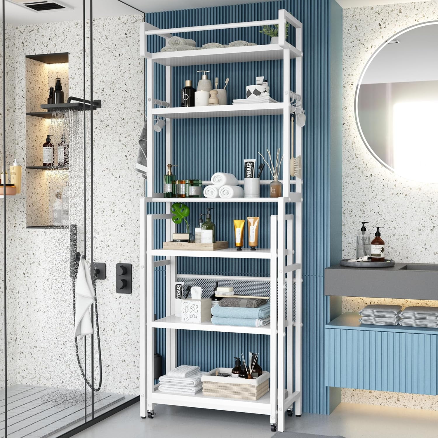 LinkRomat 6-Tier Farmhouse Bathroom Shelf, Over Toilet Organizer with Rolling Cart & 6 Hooks, Space Saving Storage Rack for Bathroom, White