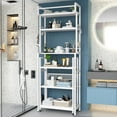 thumbnail image 2 of LinkRomat 6-Tier Farmhouse Bathroom Shelf, Over Toilet Organizer with Rolling Cart & 6 Hooks, Space Saving Storage Rack for Bathroom, White, 2 of 8