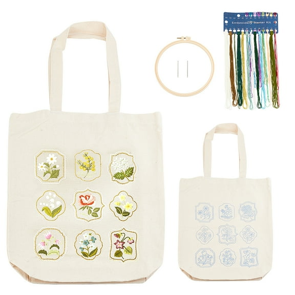 1set Canvas Tote bag Embroidery Kit with Patterns and Instructions Embroidery bag Cross Stitch Kit with Flower Pattern Include Bamboo Embroidery Hoops color Threads Needles