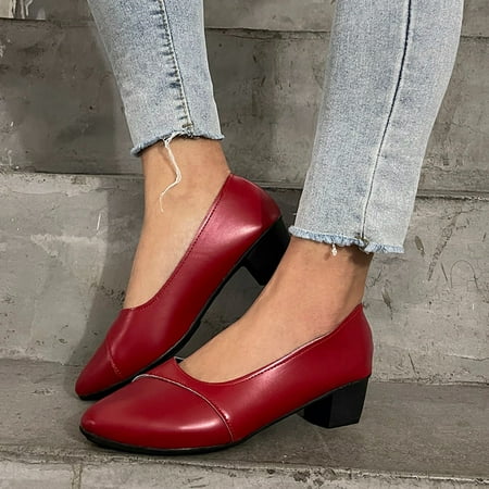

FZM Women shoes Women Breathable Solid Color High Heels Round Toe Comfortable Slip On Casual Single Shoes