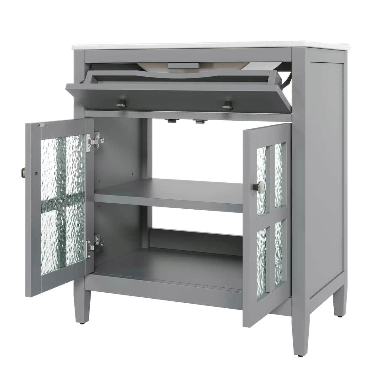 Resenkos 30" Bathroom Vanity with Ceramic Sink, Solid Wood Legs, Adjustable Shelf, Tip-Out Tray, Silver Metal Knobs, Soft Close Hinges - Gray
