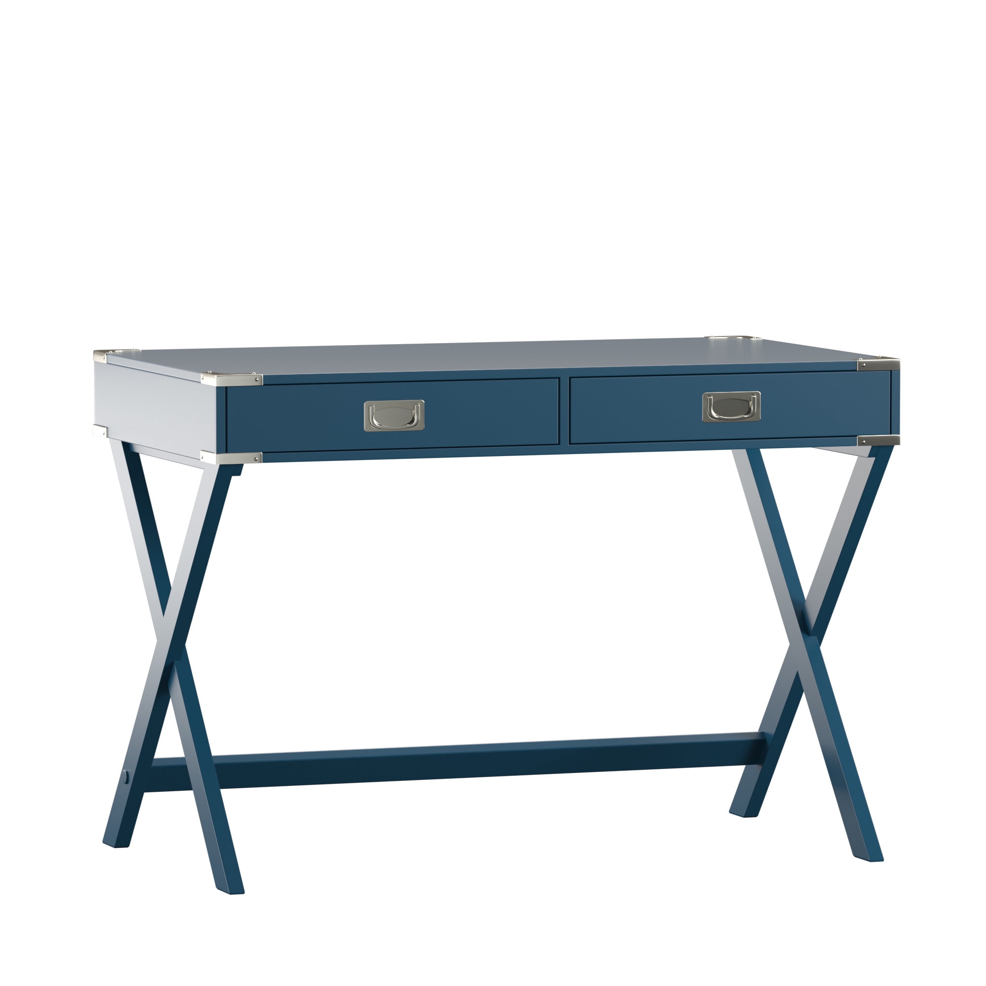 Weston Home Wood X-Base Campaign Writing Desk with Drawers, Blue Steel