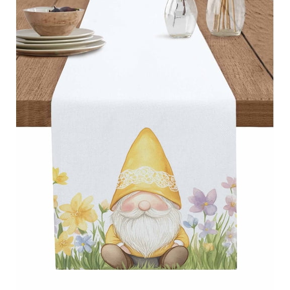 Yellow Gnomes Table Runner 48 Inches, Spring Floral Pastoral Bed Runner Dresser Scarves Tabletop for Indoor Outdoor Parties/Ceremony/Banquet, 13" x 48"