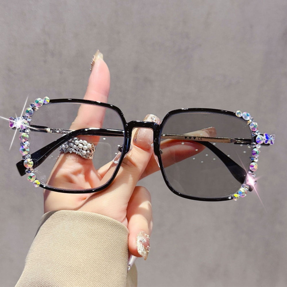 Photochromic Gray Blue Light Blocking Presbyopic Glasses, Oversized Bling Party Reading Glasses 2.50 for Women, Black Square Readers +2.50